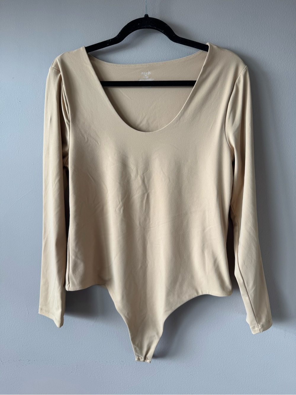 Nuuds Nude Scoop Neck Long Sleeve Nylon Spandex Thong Snap Bodysuit Size XL